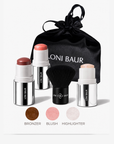 The Glow Essentials: Bronzing, Blush und Highlighter Stick mit Kabuki Pinsel und LONI BAUR Täschchen