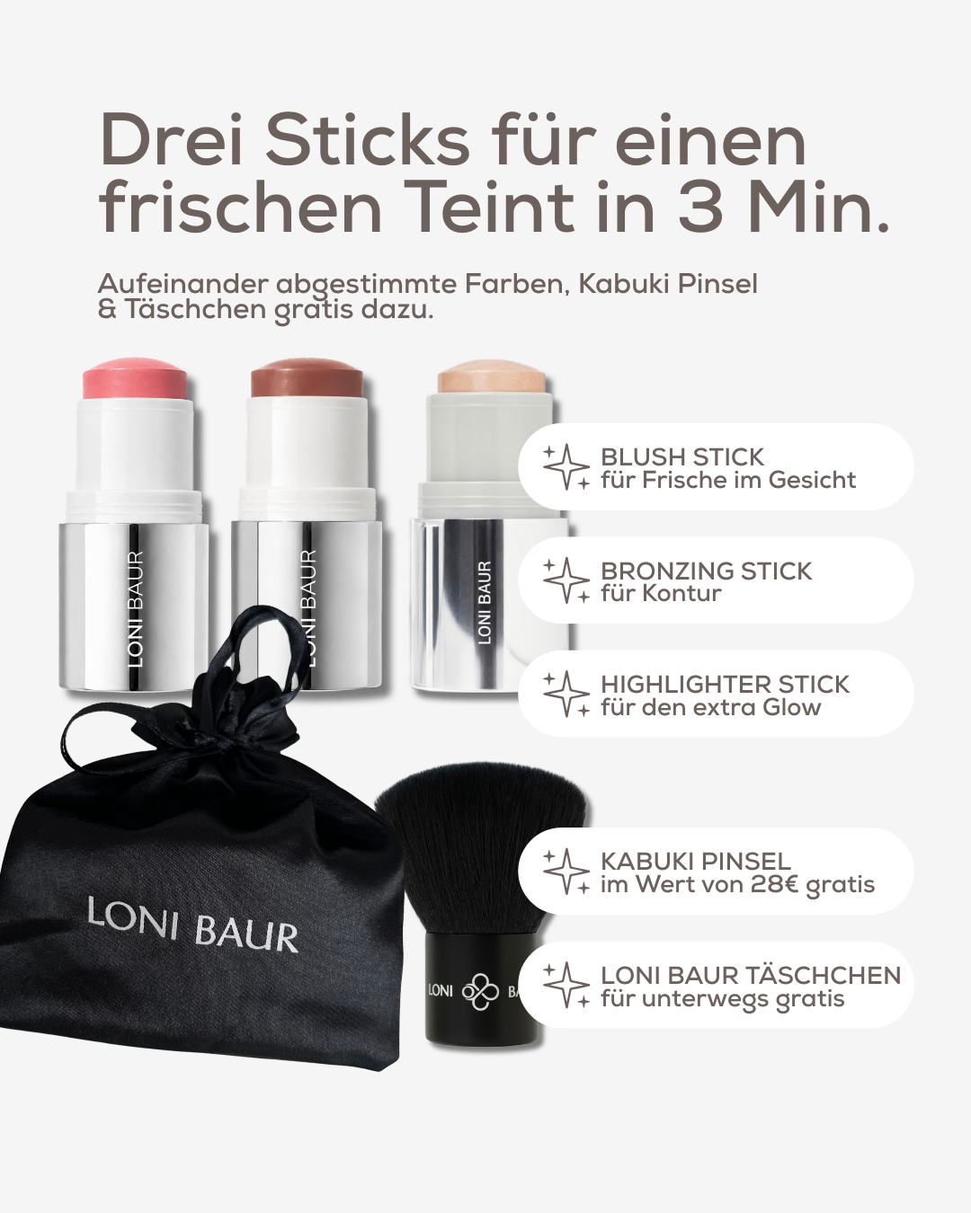 Drei Sticks für einen frischen Teint in 3 Minuten – Set-Inhalt mit gratis Kabuki Pinsel und Täschchen