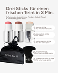 Drei Sticks für einen frischen Teint in 3 Minuten – Set-Inhalt mit gratis Kabuki Pinsel und Täschchen