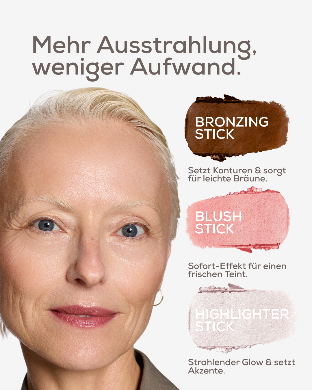 Frau mit frischem Teint, daneben die Farben von Bronzing, Blush und Highlighter Stick