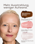 Frau mit frischem Teint, daneben die Farben von Bronzing, Blush und Highlighter Stick