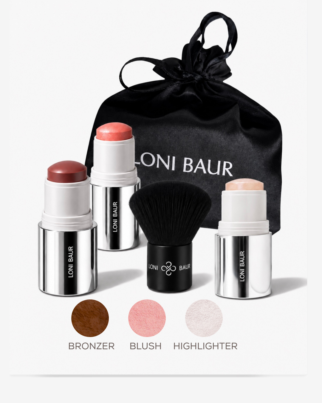 The Glow Essentials: Bronzing, Blush und Highlighter Stick mit Kabuki Pinsel und LONI BAUR Täschchen